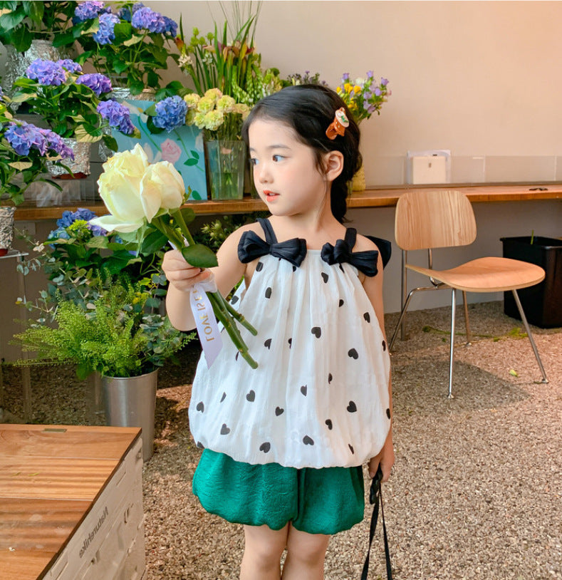 [507S145] - Setelan Baju Kutung Celana Pendek Fashion Anak Perempuan - Motif Ribbon Love