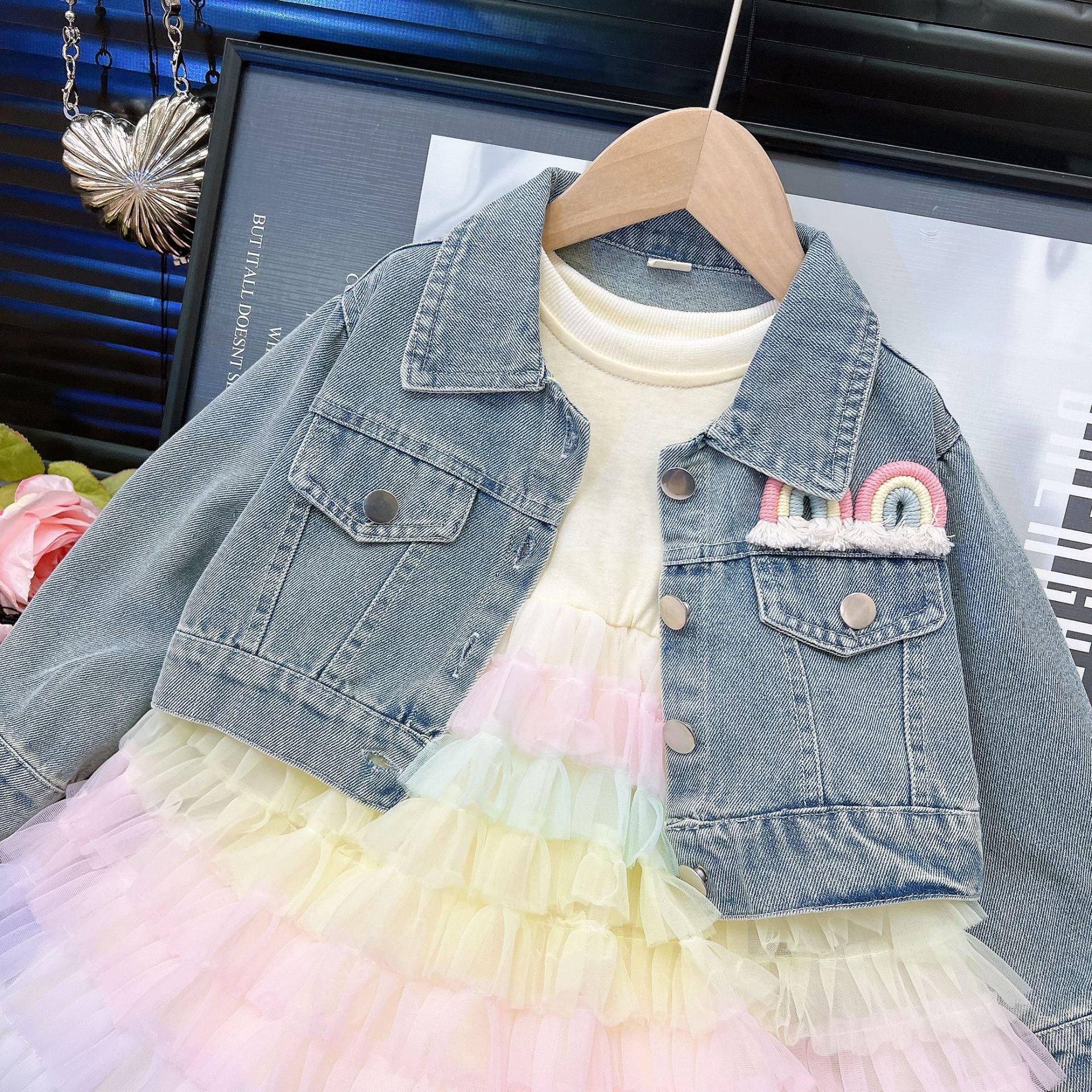 [363912] - One Set 2in1 Baju Setelan Dress Gaun Lengan Panjang Atasan Jaket Denim Fashion Anak Perempuan Cewek - Motif 3D Rainbow - BABYHOKI STORE