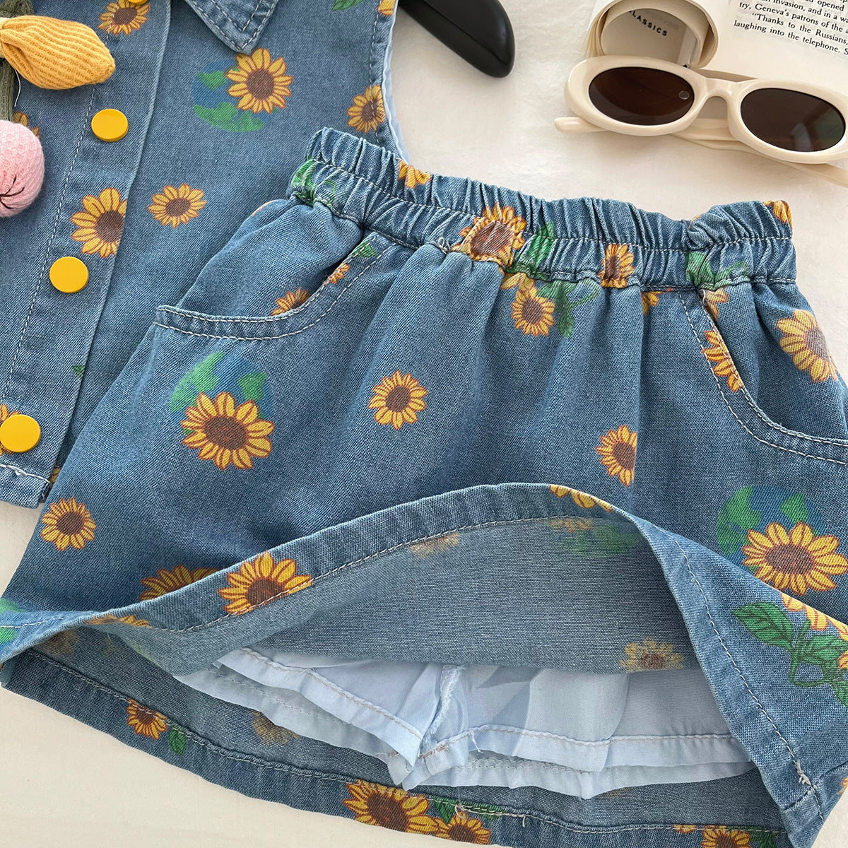 [963214] - One Set 2in1 Baju Setelan Atasan Vest Denim Lengan Kutung Bawahan Celana Rok Pendek Casual Style Anak Perempuan Cewek - Motif Sunflower - BABYHOKI STORE