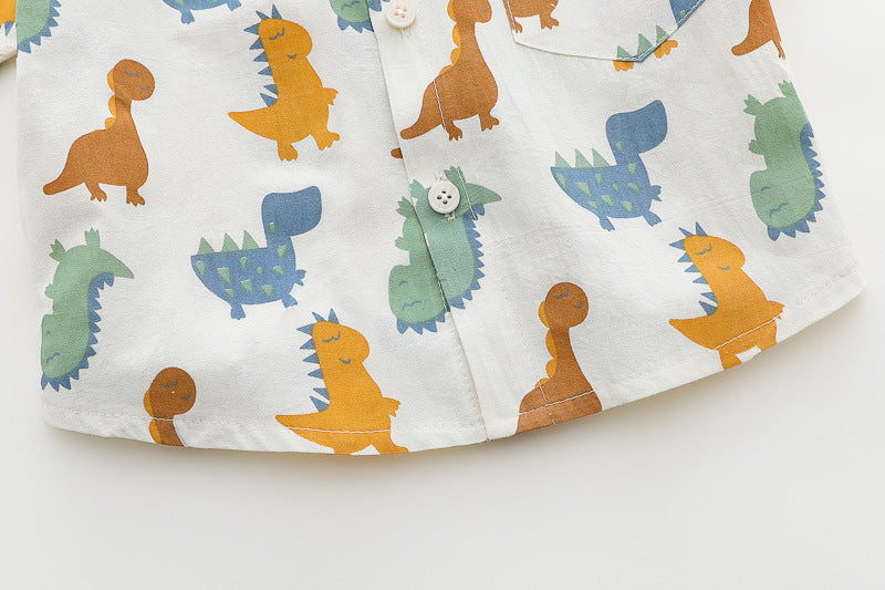 [345507] - One Set 2in1 Baju Setelan Atasan Kemeja Lengan Pendek Bawahan Celana Pendek Bersaku Fashionable Anak Cowok Laki-Laki - Motif Dino Animal - BABYHOKI STORE - BABYHOKI STORE