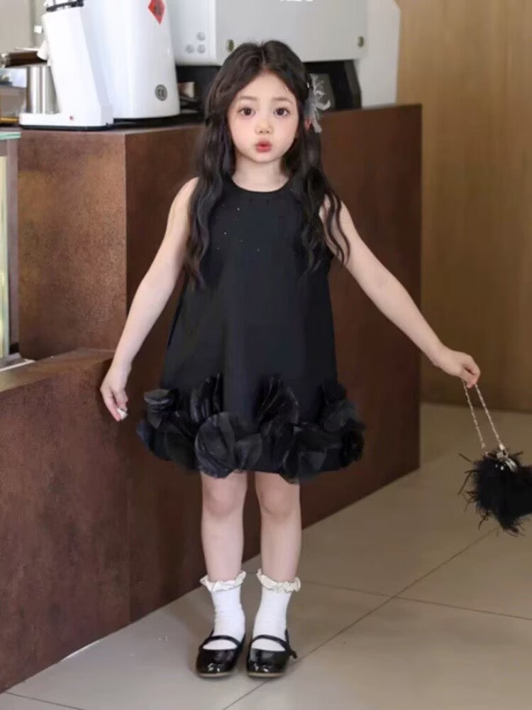 [5071134] - Baju Gaun Dress Elegant Lengan Kutung Fashion Style Anak Perempuan Cewek - Motif Solid Black Color - BABYHOKI STORE