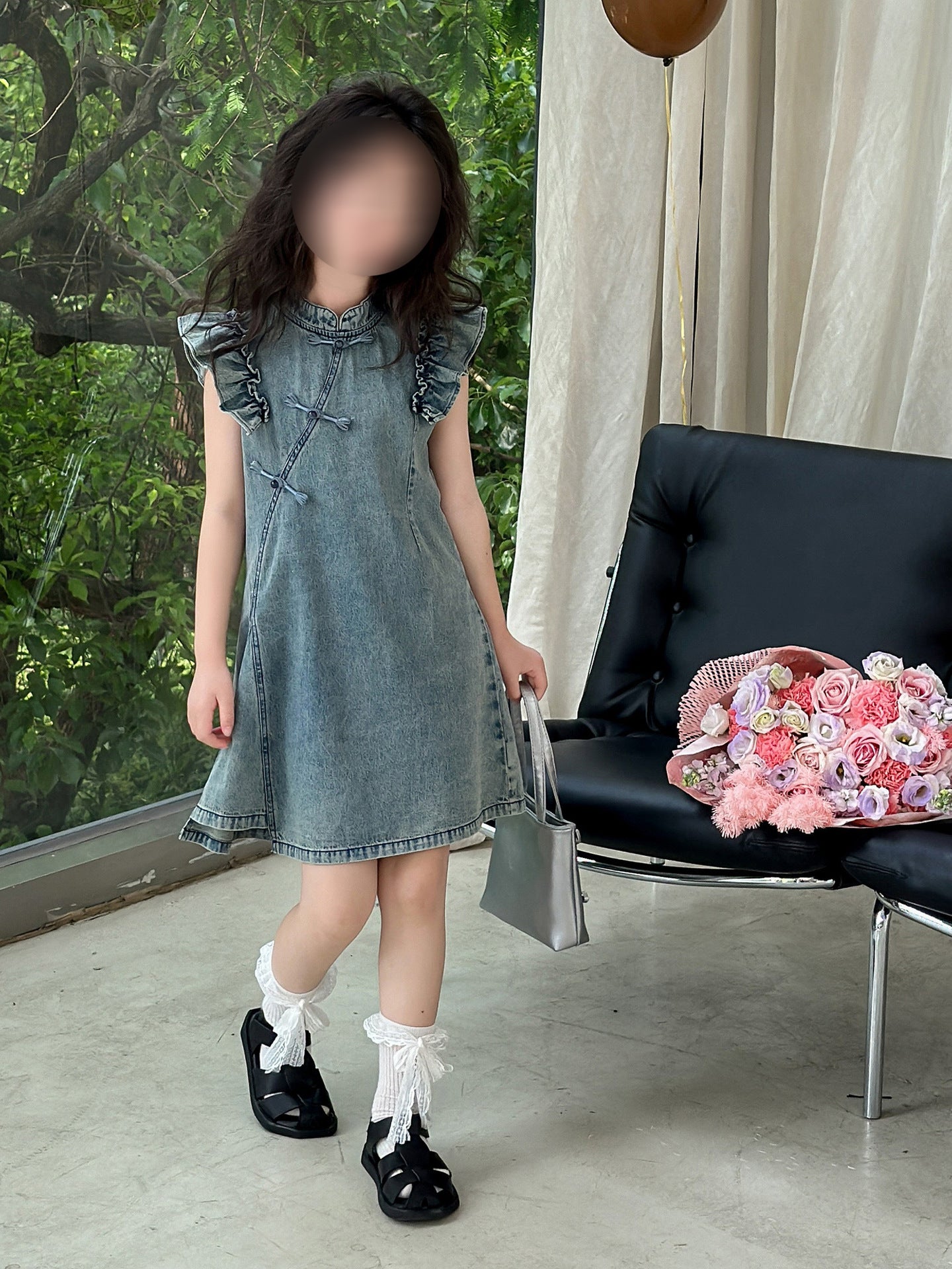 [5071086] - Baju Dress Gaun Cheongsam Lengan Kutung Jeans Fashion Anak Perempuan Cewek - Motif Ruffled Shoulder - BABYHOKI STORE