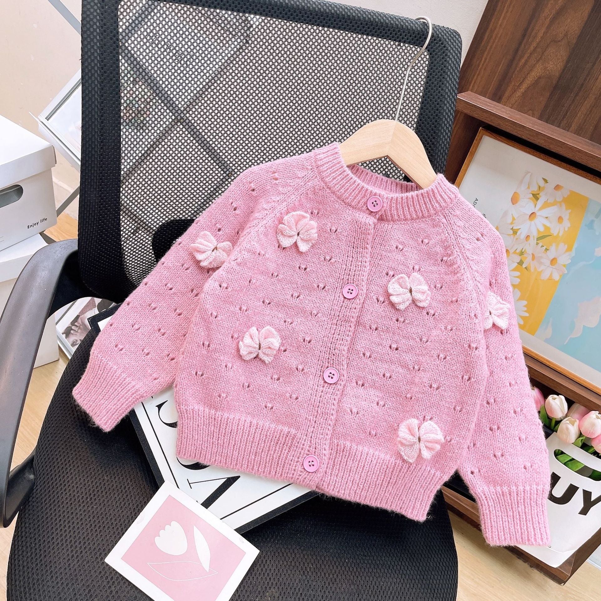 [363819] - Oneset 2in1 Pink Floral Setelan Baju Dress Sweater Rajut Cardigan Knit Lengan Panjang Fashion Anak Perempuan Cewek - Motif Ribbon Butterfly Pink