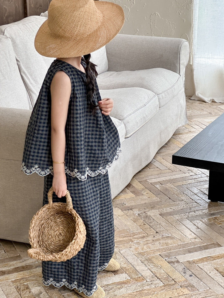 [5071110] - One Set 2in1 Baju Setelan Atasan Oversize Lengan Kutung Bawahan Celana Panjang Kulot Fashion Trendi Anak Perempuan Cewek - Motif Style Plaid - BABYHOKI STORE