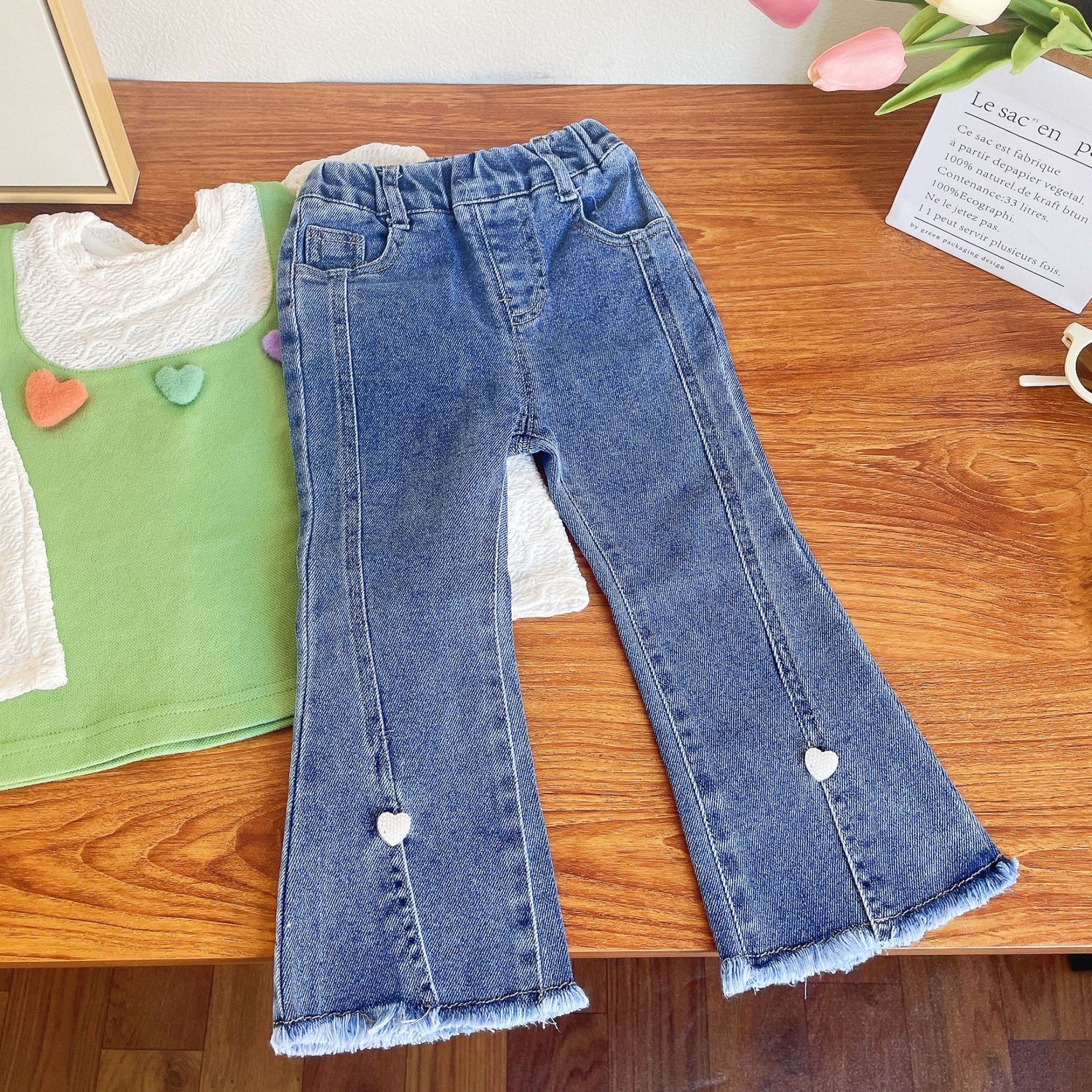 [363597] - Setelan Blouse Celana Panjang Jeans Rawis Import Anak Perempuan - Motif Smooth Heart