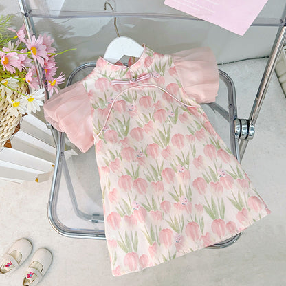 [340410] - Baju Dress Lengn Pendek Fashion Anak Perempuan - Motif Tulip Flower