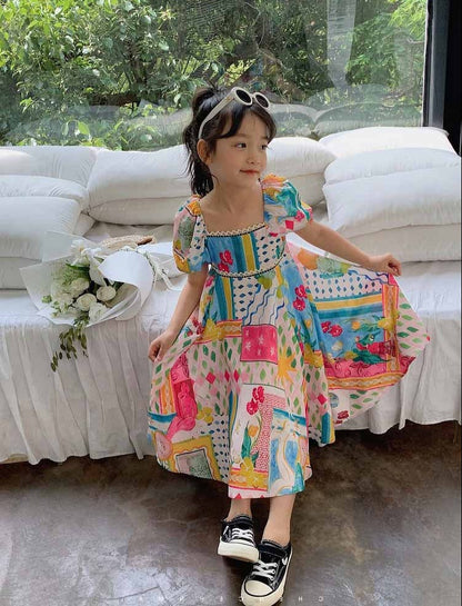 [507991] - Baju Dress Lengan Balon Fashion Anak Perempuan - Motif Painted Patterns