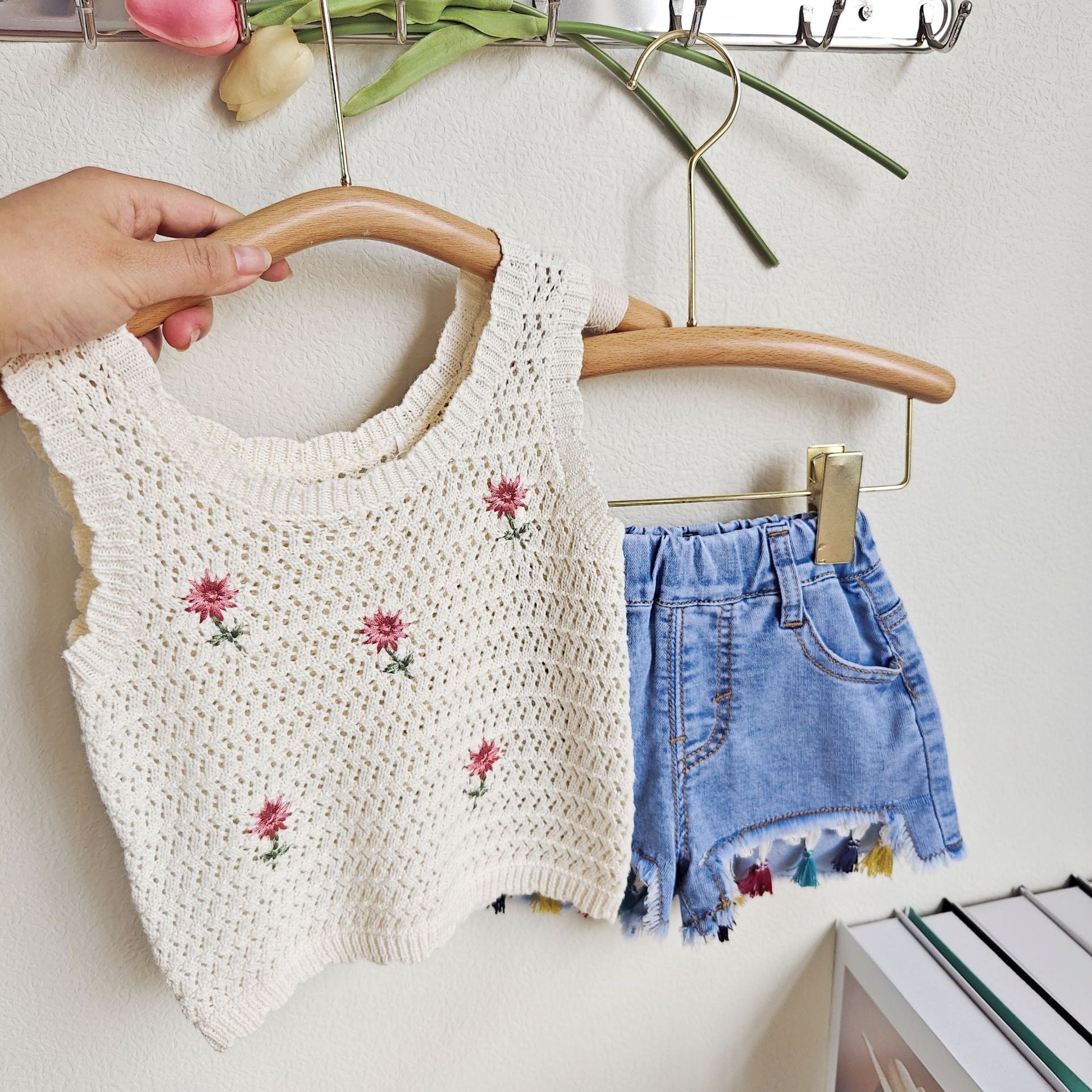 BABYHOKI STORE Usia 7 8 9 10 Tahun Baju Anak Tanggung Cewek [363622] - Baju Setelan Rajut Kutung Celana Jeans Rawis Fashion Anak Perempuan - Motif Knit Flower