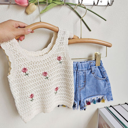 [363622] - Baju Setelan Rajut Kutung Celana Jeans Rawis Fashion Anak Perempuan - Motif Knit Flower
