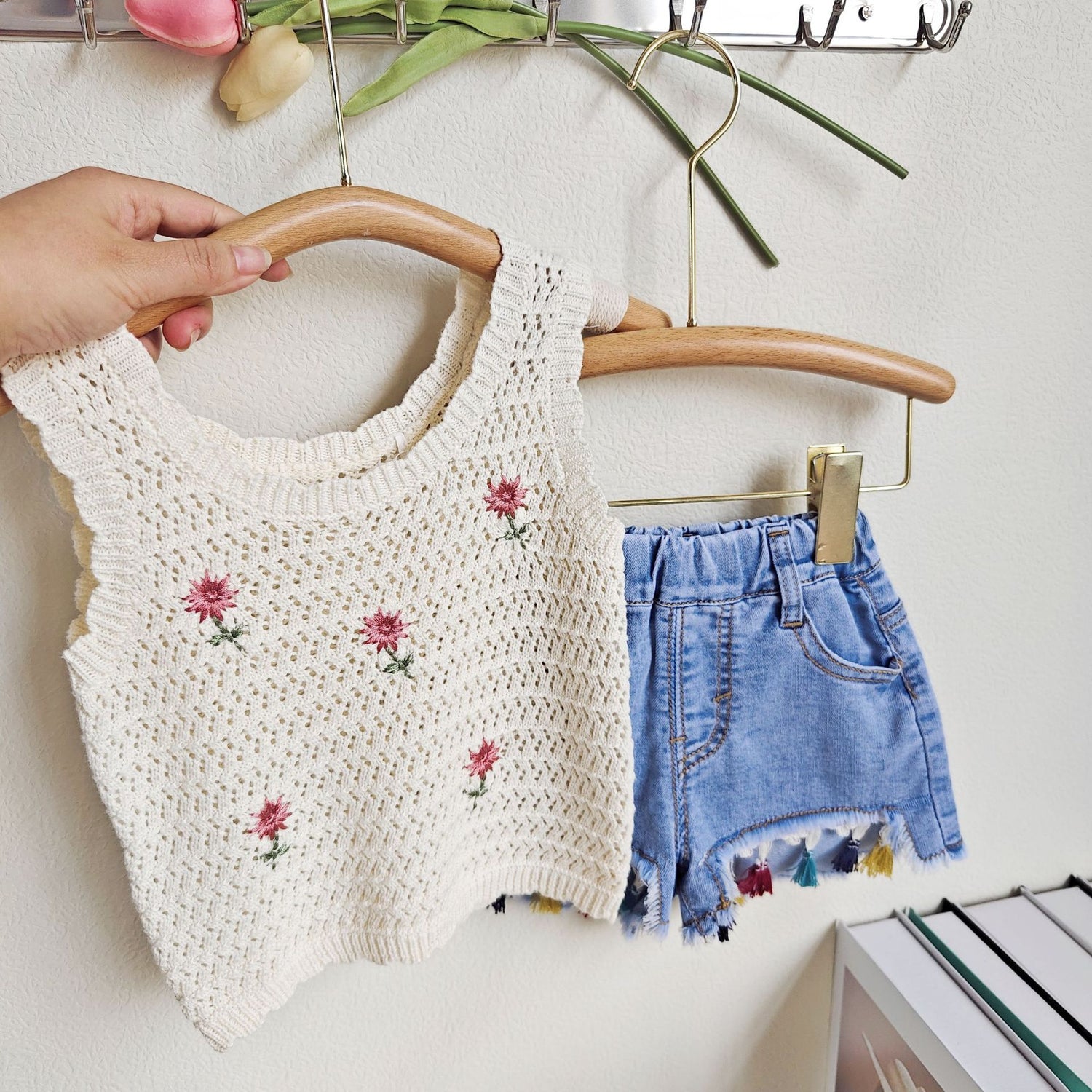 [363622] - Baju Setelan Rajut Kutung Celana Jeans Rawis Fashion Anak Perempuan - Motif Knit Flower