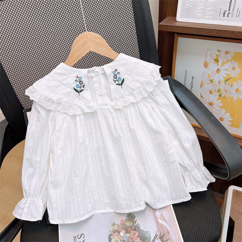 [363825] - Setelan Baju Blouse Lengan Panjang Celana Jeans Panjang Fashion Anak Perempuan - Motif White Flowers