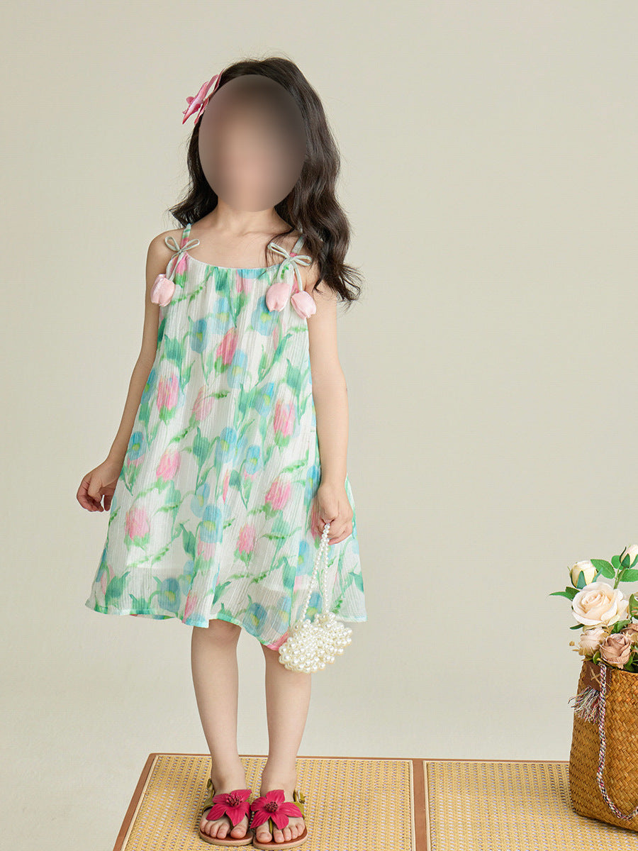 [5071114] - Baju Dress Gaun Cool Holiday Lengan Kutung Fashion Trendi Anak Perempuan Cewek - Motif Tulips - BABYHOKI STORE