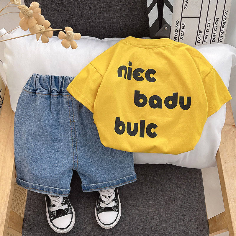 [345431] - Baju Setelan Kaos Lengan Pendek Celana Pendek Jeans Anak Cowok Fashion - Motif Cute Wink