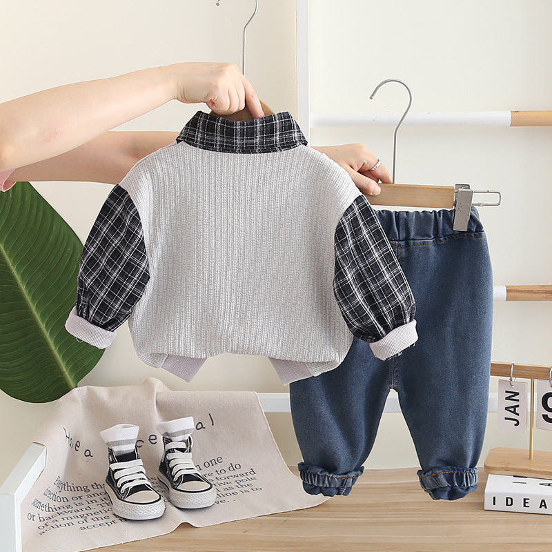 [345487] - One Set 2in1 Baju Setelan Atasan Berkerah Lengan Panjang Bawahan Celana Panjang Jeans Fashion Trendi Anak Cowok Laki-Laki - Motif Plaid - BABYHOKI STORE - BABYHOKI STORE