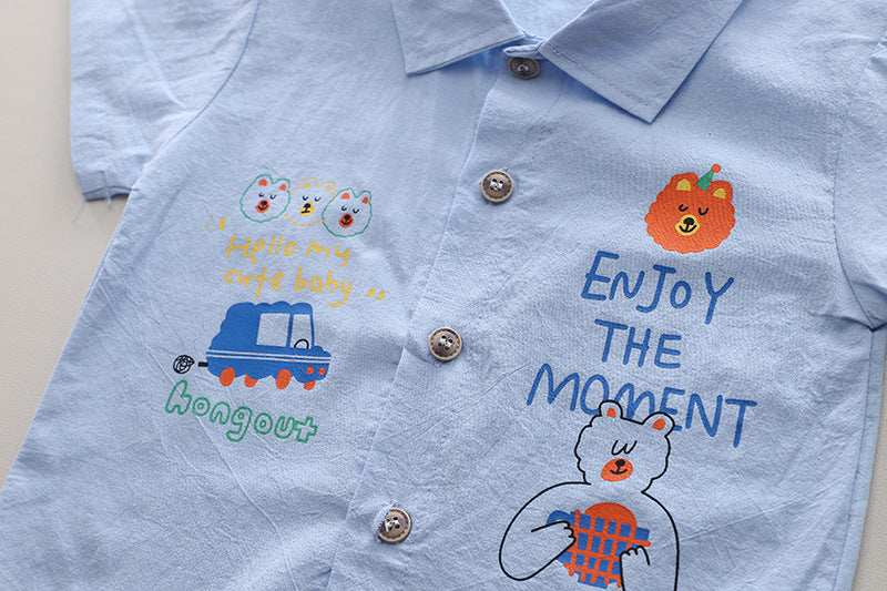 [368590] - One Set 2in1 Baju Setelan Atasan Kemeja Lengan Pendek Bawahan Celana Pendek Jeans Comfortable Fashion Anak Laki Laki Cowok - Motif Animals Cars - BABYHOKI STORE