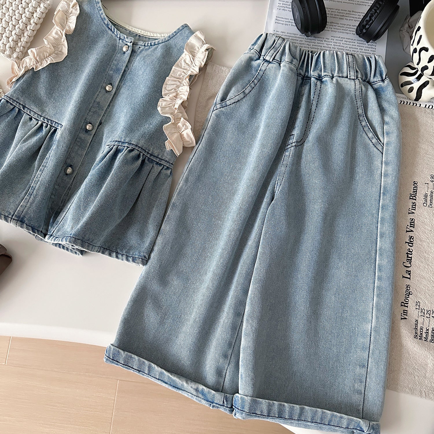 [363914] - One Set 3in1 Baju Setelan Atasan Blouse Lengan Panjang Vest Kutung Denim Bawahan Celana Panjang Kulot Denim Fashion Anak Cewek Perempuan - Motif Cute Lace - BABYHOKI STORE