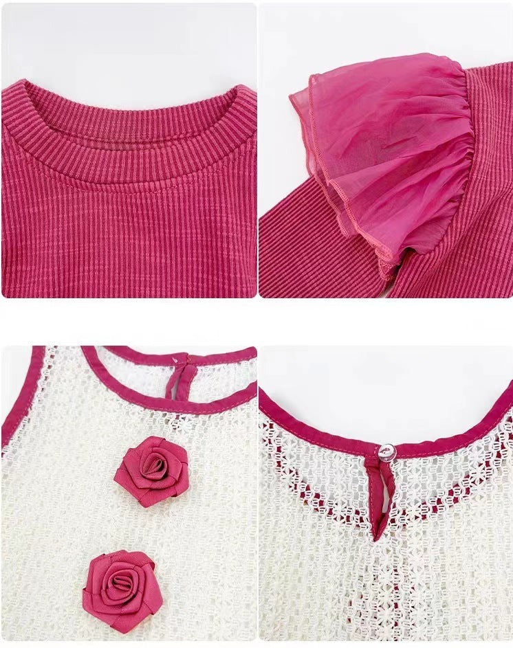 [363705] - Oneset 3in1 Anak Cewek Korea Setelan Baju Lengan Balon Rompi Rajut Celana Jeans Fashion Anak Cewek - Motif Knit Bloom