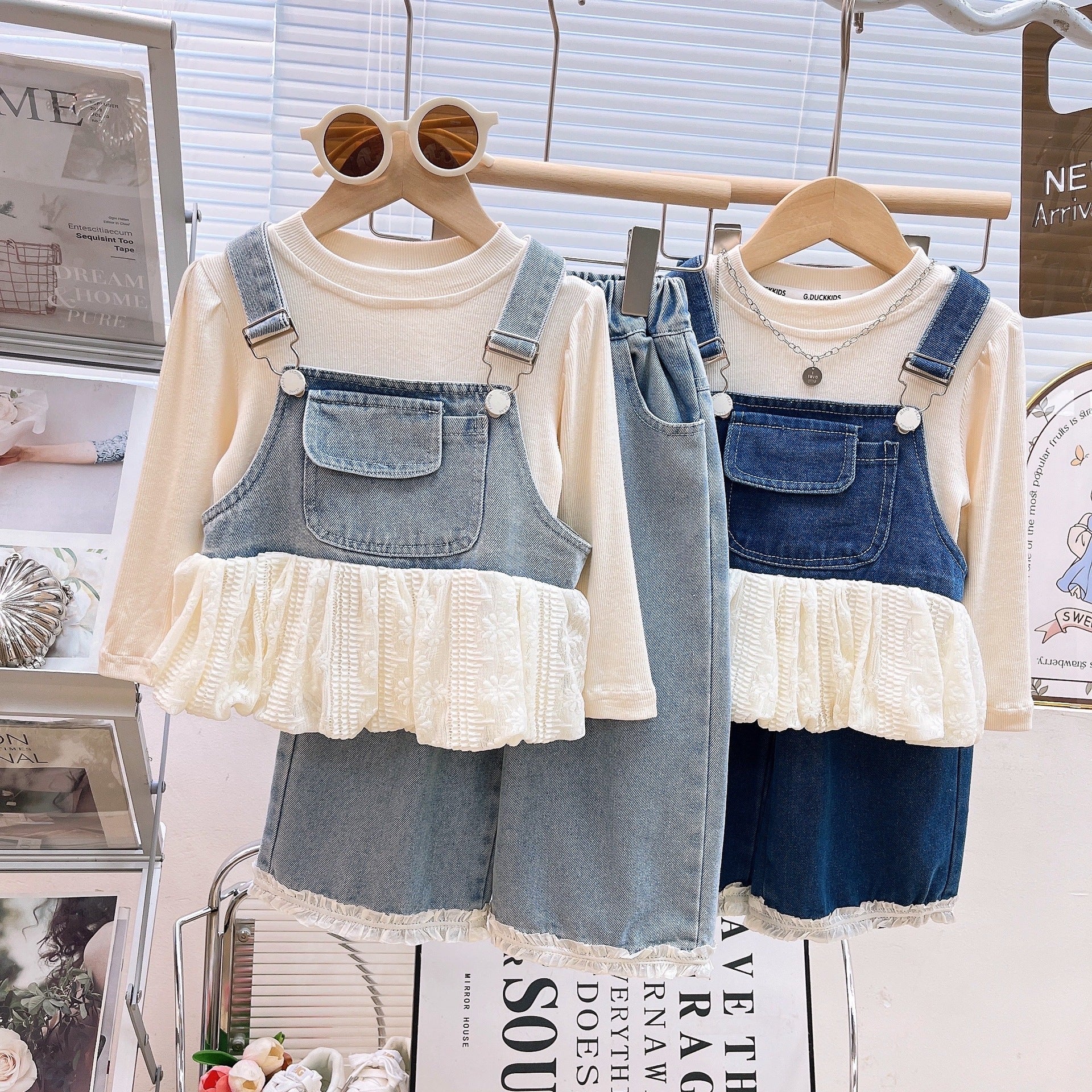 [363915] - One Set 3in1 Baju Setelan Atasan Lengan Panjang Vest Kutung Denim Renda Bawahan Celana Panjang Kulot Denim Fashion Anak Cewek Perempuan - Motif Lace Pockets - BABYHOKI STORE