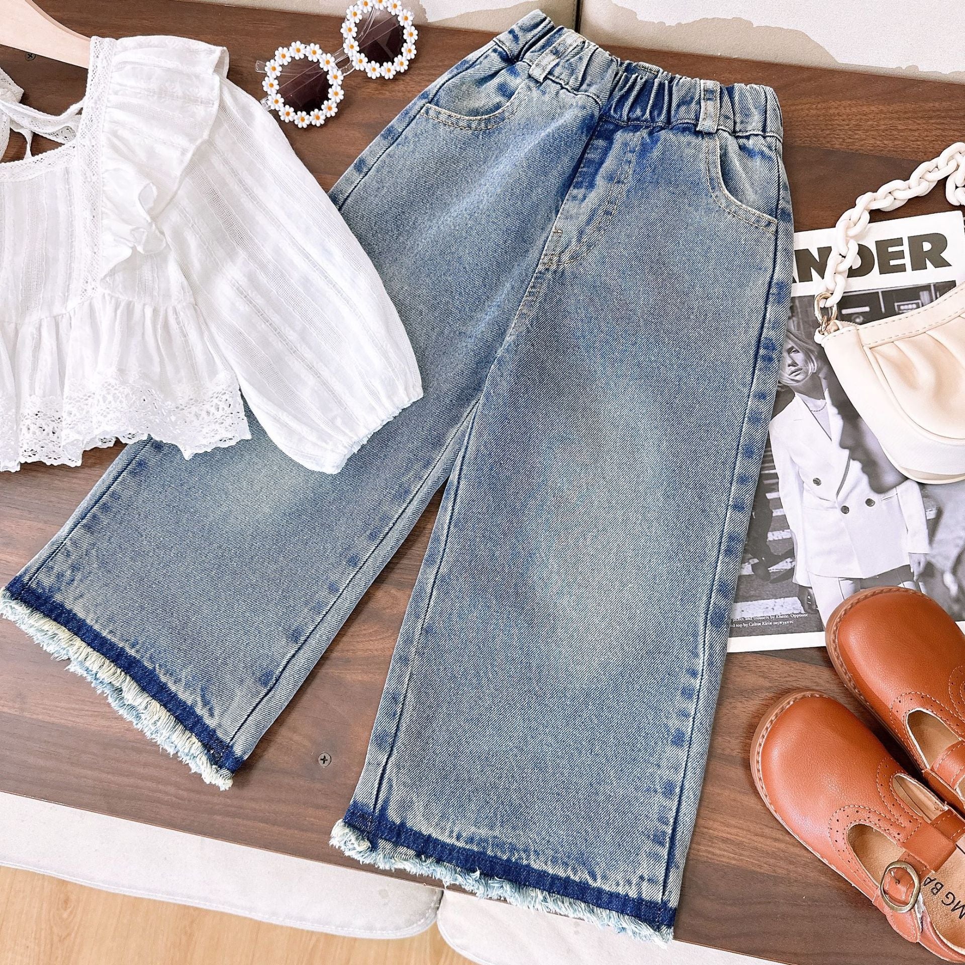 [363751] - Setelan Baju Blouse Lengan Panjang Celana Panjang Jeans Fashion Anak Perempuan - Motif Soft Lace