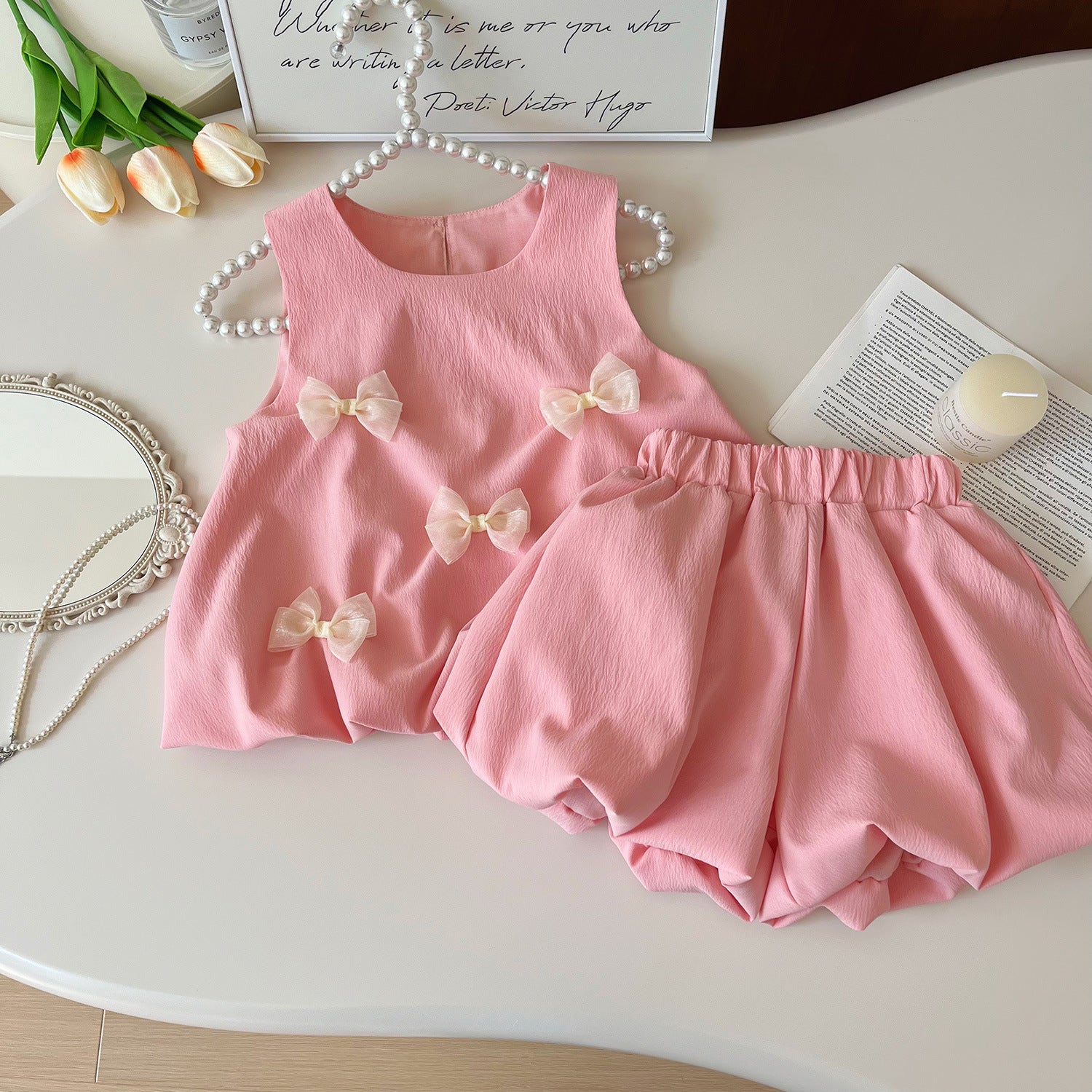 [963294] - One Set 2in1 Baju Setelan Atasan Lengan Kutung Bawahan Celana Pendek Korean Style Anak Perempuan Cewek - Motif Bow Cute - BABYHOKI STORE
