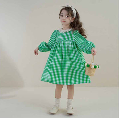 [5071052] - Baju Dress Lengan Panjang Fashion Anak Perempuan - Motif Gingham Plaid