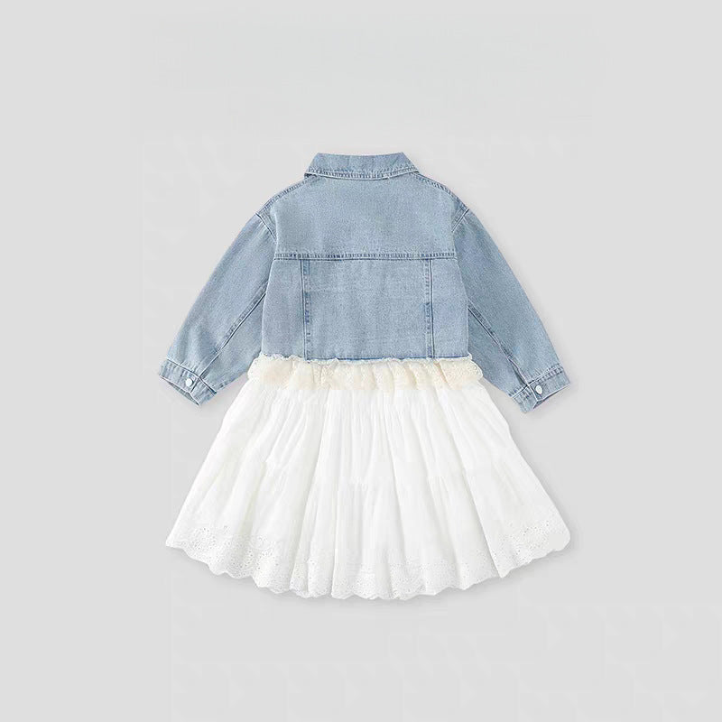 [363959] - One Set 2in1 Baju Setelan Dress Gaun Lengan Kutung Atasan Jaket Denim Lengan Panjang Korean Version Style Anak Cewek Perempuan - Motif Cute Ribbon Lace - BABYHOKI STORE