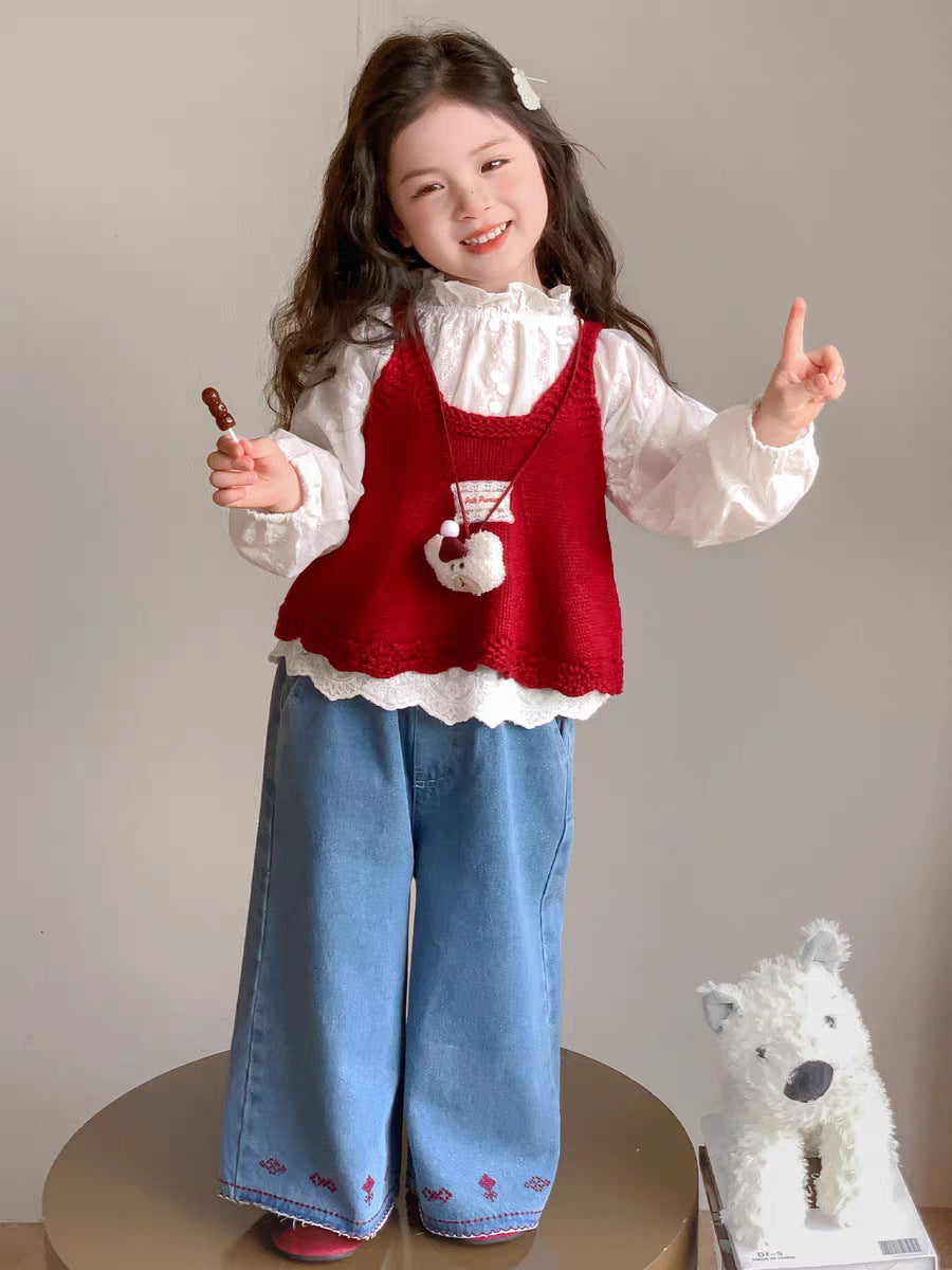 [363930] - One Set 3in1 Baju Setelan Atasan Blouse Lengan Panjang Vest Kutung Bawahan Celana Panjang Kulot Jeans Korean Fashion Anak Cewek Perempuan - Motif Patterned Lace - BABYHOKI STORE