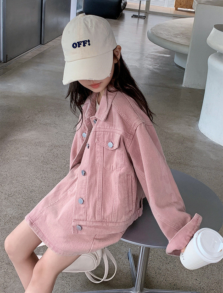 [5071029] - Setelan Baju Jaket Lengan Panjang Bawahan Rok Pendek Jeans Fashion Anak Perempuan - Motif Button Line