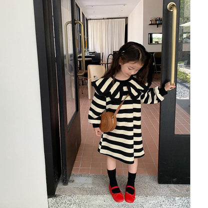 [507S151] - Baju Dress Lengan Panjang Fashion Anak Perempuan - Motif Neat Line