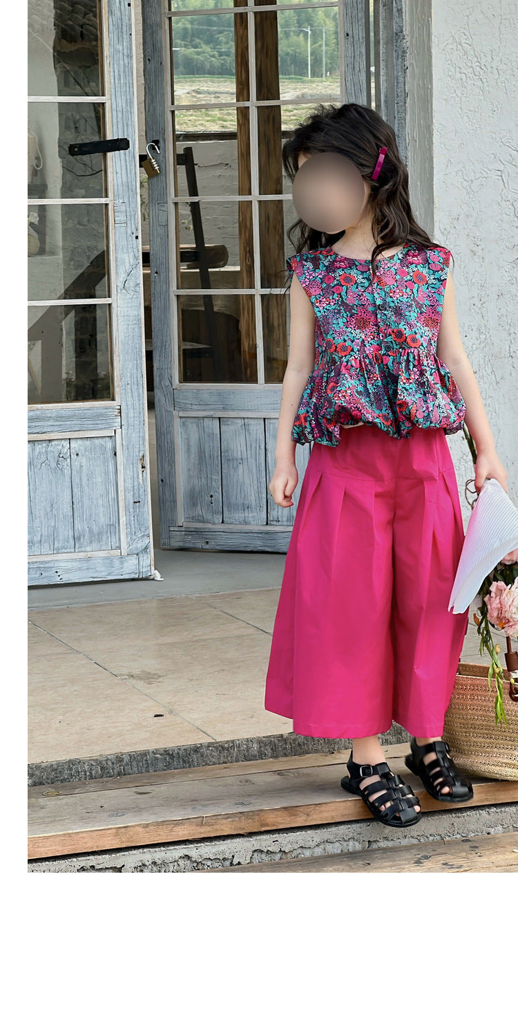 [5071112] - One Set 2in1 Baju Setelan Atasan Purple Lengan Kutung Bawahan Celana Panjang Kulot Fashion Trendi Anak Perempuan Cewek - Motif Floral Top - BABYHOKI STORE