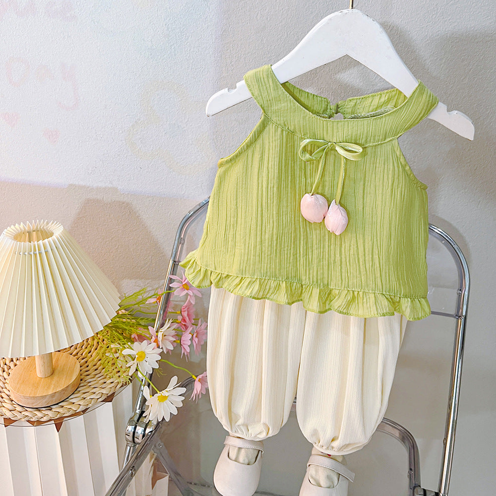 [340455] - Baju Setelan Lengan Kutung Celana Panjang Fashion Anak Perempuan - Motif Flower Ribbon