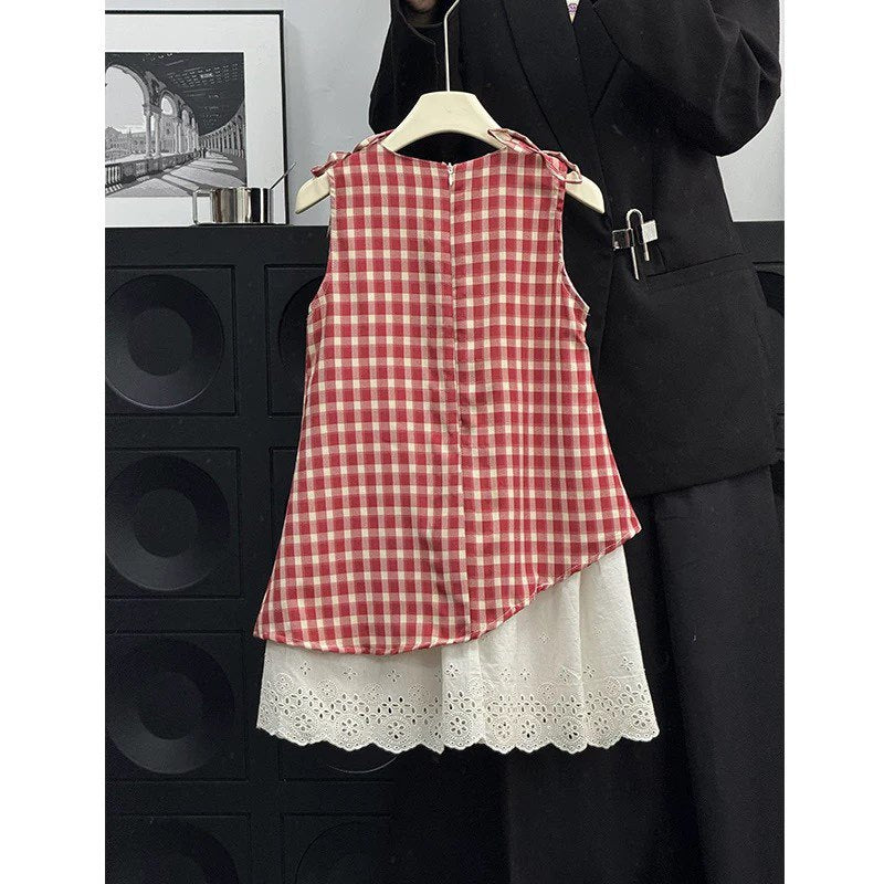 [5071192] - One Set 2in1 Baju Setelan Dress Atasan Lengan Kutung Korean Version Style Anak Perempuan Cewek - Motif Top Color Box Bottom Lace - BABYHOKI STORE