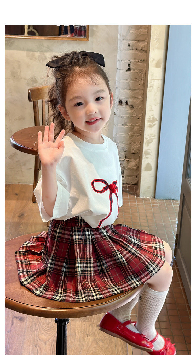 [5071113] - One Set 2in1 Baju Setelan Atasan Kaos Oversize Lengan Pendek Bawahan Celana Rok Pendek Plisket Fashion Trendi Anak Perempuan Cewek - Motif Large Ribbon - BABYHOKI STORE