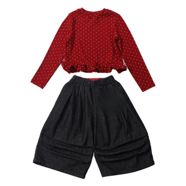 [363938] - One Set 2in1 Baju Setelan Atasan Kaos Lengan Panjang Polka Red Bawahan Celana Panjang Kulot Fashion Korean Style Anak Cewek Perempuan - Motif Basic Color Red Top - BABYHOKI STORE - BABYHOKI STORE