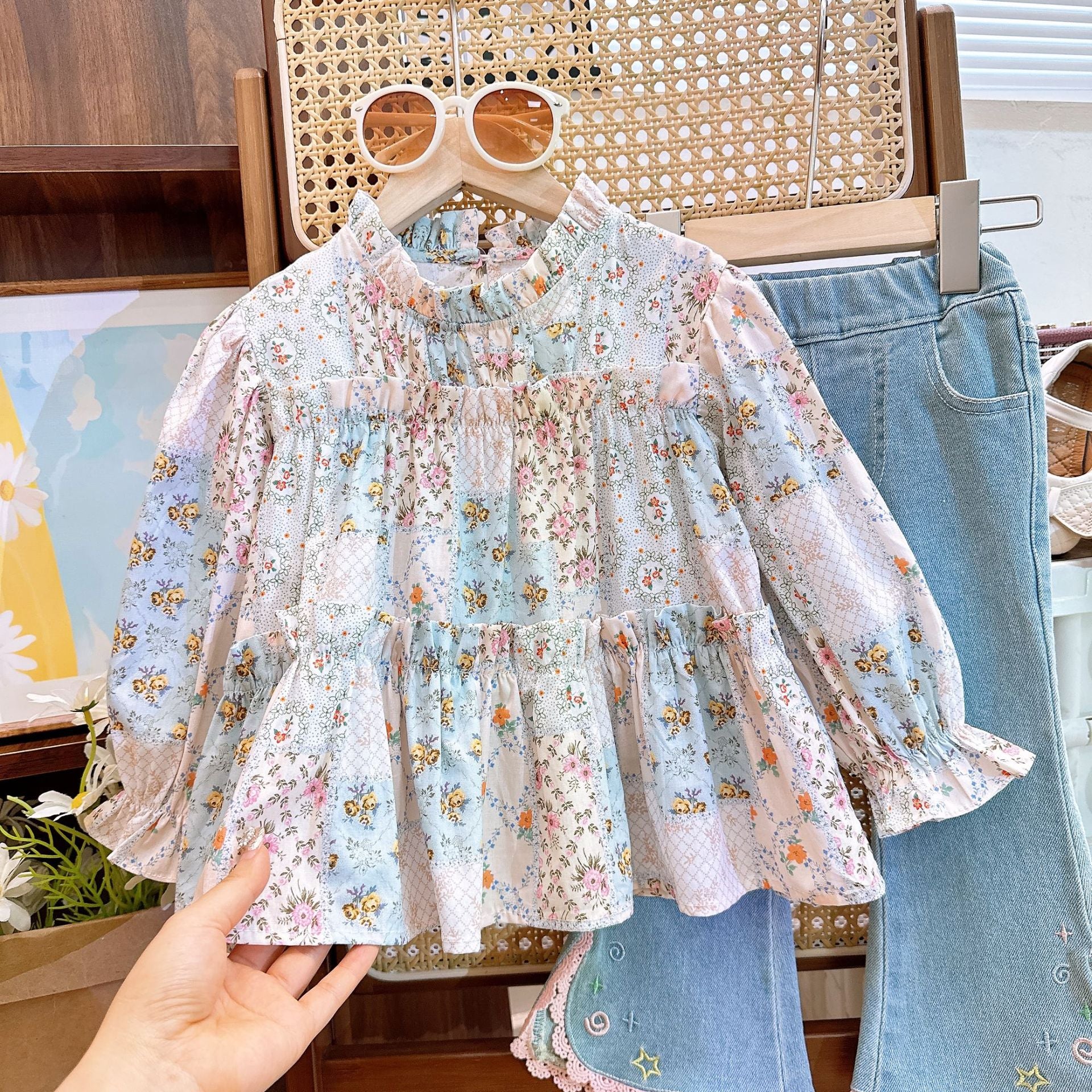 [363778] - Setelan One Set Shabby Baju Blouse Lengan Panjang Celana Jeans Tipis Panjang Fashion Anak Perempuan - Motif Star Flowers
