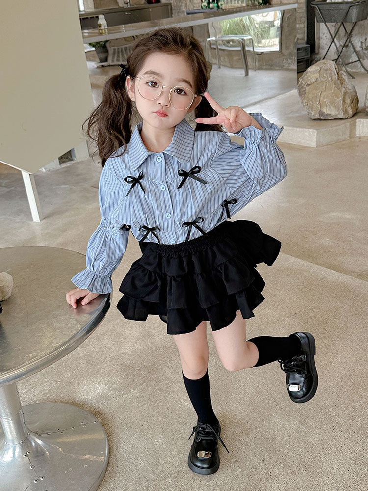 [963141] - One Set 2in1 Baju Setelan Atasan Blouse Lengan Panjang Bawahan Rok Pendek Korean Version Style Anak Perempuan Cewek - Motif Small Ribbon - BABYHOKI STORE - BABYHOKI STORE