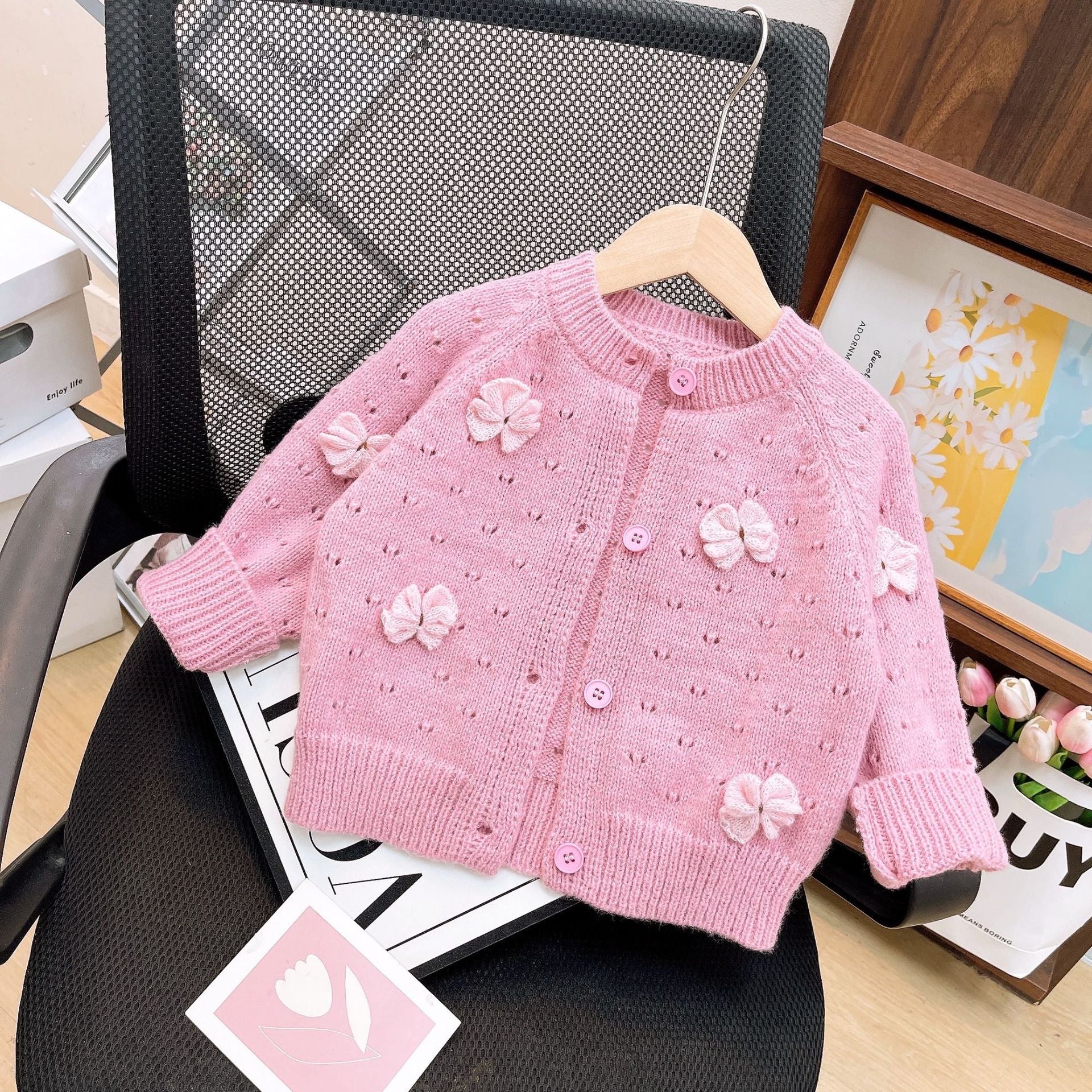 [363819] - Oneset 2in1 Pink Floral Setelan Baju Dress Sweater Rajut Cardigan Knit Lengan Panjang Fashion Anak Perempuan Cewek - Motif Ribbon Butterfly Pink