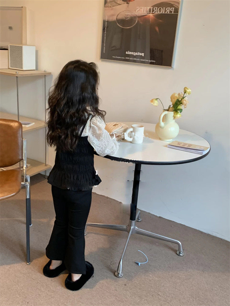 [5071078] - One Set 2in1 Baju Setelan Atasan Lengan Panjang Bawahan Celana Panjang Hitam Fashion Anak Perempuan Cewek - Motif Ruffled Black - BABYHOKI STORE