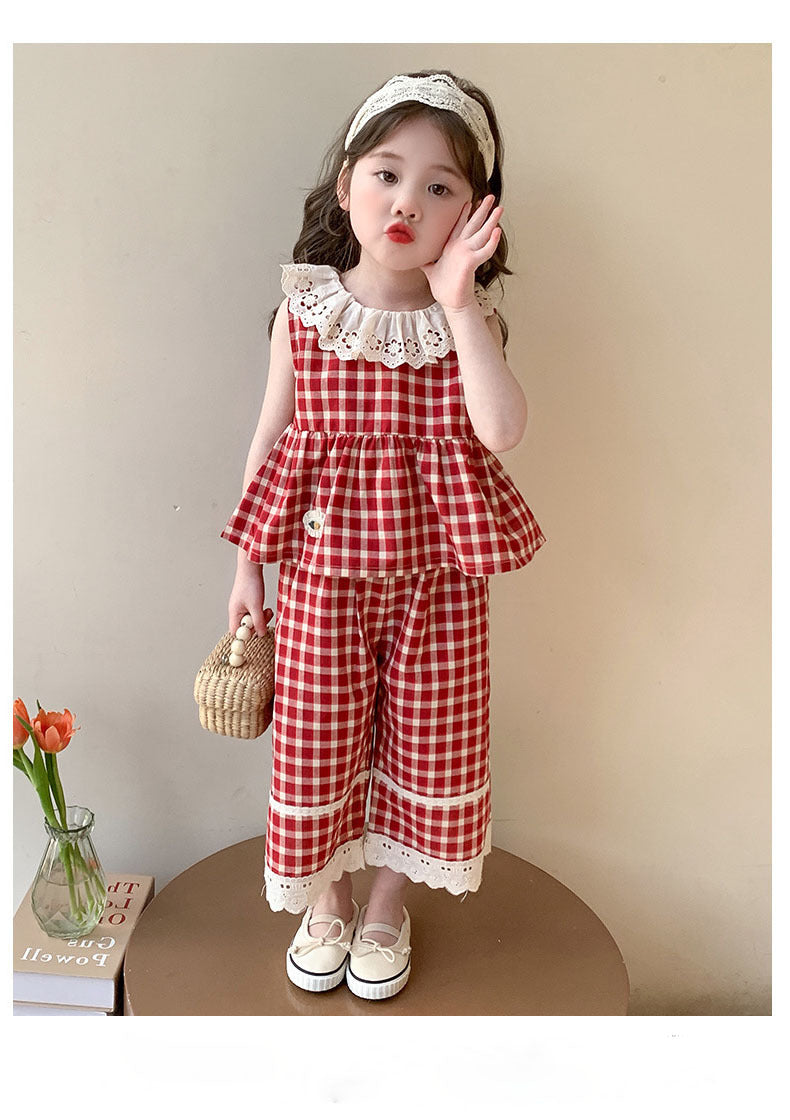 [5071083] - One Set 2in1 Baju Setelan Atasan Renda Lengan Kutung Bawahan Celana Panjang Berenda Fashion Anak Perempuan Cewek - Motif Plaid With Lace - BABYHOKI STORE