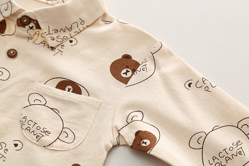 [345512] - One Set 2in1 Baju Setelan Casual Atasan Kemeja Lengan Panjang Bawahan Celana Panjang Jeans Fashionable Anak Laki Laki Cowok - Motif Bear Brown - BABYHOKI STORE - BABYHOKI STORE