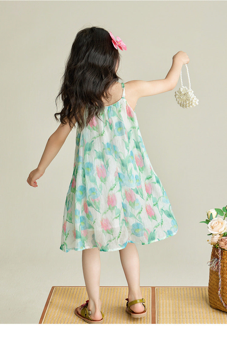 [5071114] - Baju Dress Gaun Cool Holiday Lengan Kutung Fashion Trendi Anak Perempuan Cewek - Motif Tulips - BABYHOKI STORE