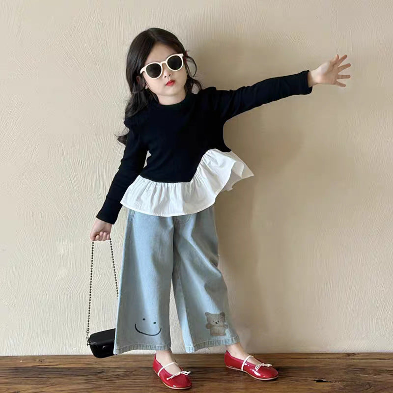 [363906] - One Set 2in1 Baju Setelan Atasan Lengan Panjang Bawahan Celana Panjang Denim Fashion Anak Cewek Perempuan - Motif Ruffled Tops T-shirts Bear Jeans - BABYHOKI STORE