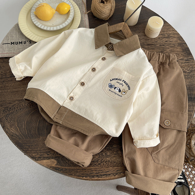 [345511] - One Set 2in1 Baju Setelan Casual Atasan Kemeja Lengan Panjang Bawahan Celana Panjang Cargo Fashionable Anak Laki Laki Cowok - Motif 3 Face Animal - BABYHOKI STORE - BABYHOKI STORE