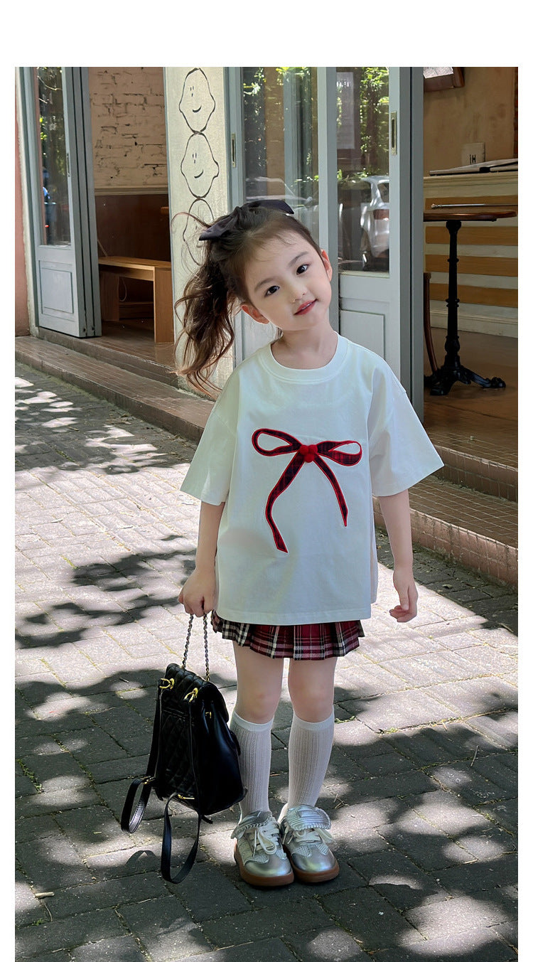 [5071113] - One Set 2in1 Baju Setelan Atasan Kaos Oversize Lengan Pendek Bawahan Celana Rok Pendek Plisket Fashion Trendi Anak Perempuan Cewek - Motif Large Ribbon - BABYHOKI STORE