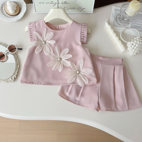 [963278] - One Set 2in1 Baju Setelan Atasan Blouse Lengan Kutung Bawahan Celana Pendek Style Korean Anak Perempuan Cewek - Motif Pearl Flower- BABYHOKI STORE