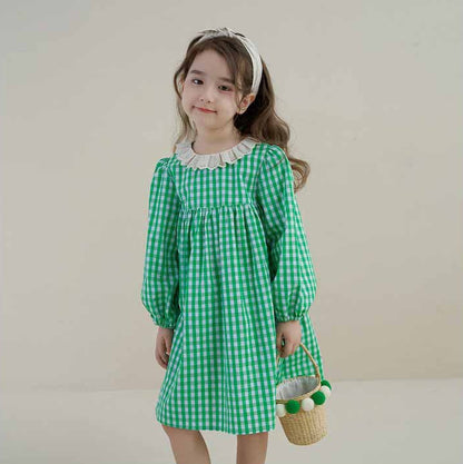 [5071052] - Baju Dress Lengan Panjang Fashion Anak Perempuan - Motif Gingham Plaid