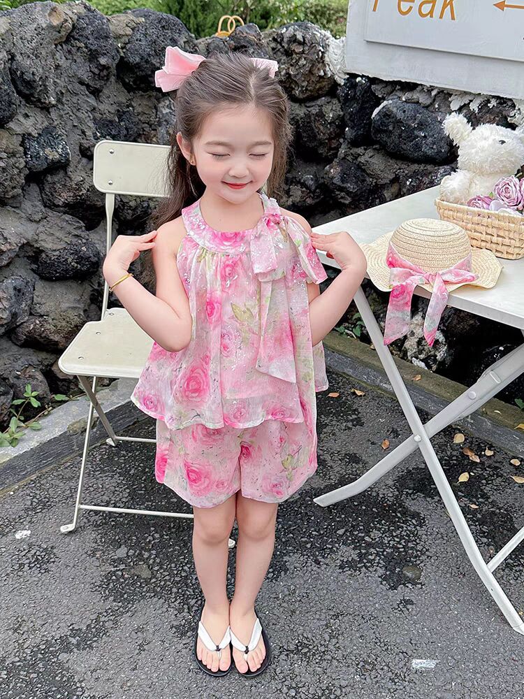 [963292] - One Set 2in1 Baju Setelan Atasan Lengan Kutung Bawahan Celana Pendek Korean Version Style Anak Perempuan Cewek - Motif Chiffon Floral - BABYHOKI STORE