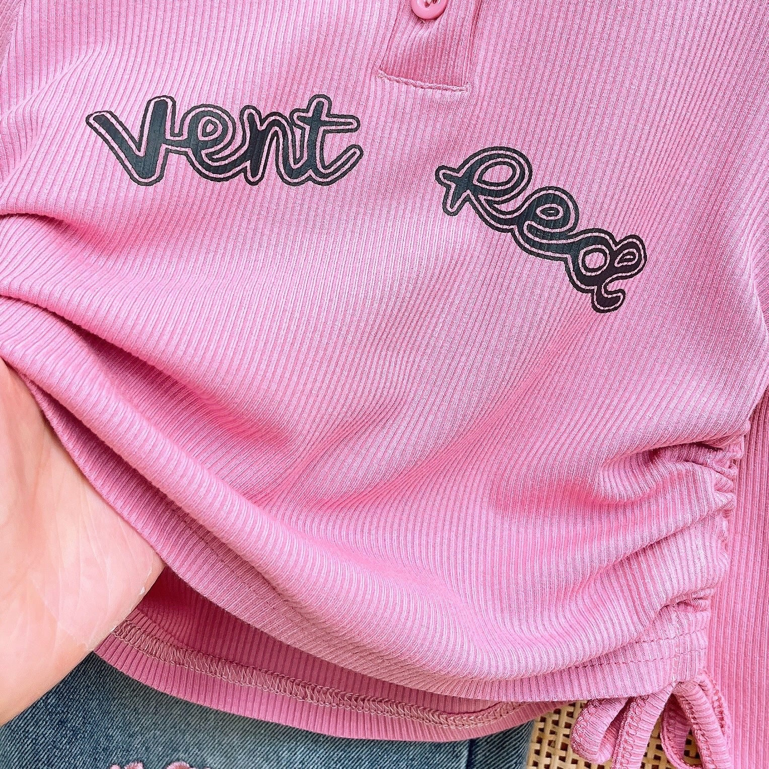[363796] - Setelan Pink Ala Korea Baju Kaos Lengan Panjang Celana Panjang Jeans Fashion Anak Perempuan Cewek - Motif Vent Red