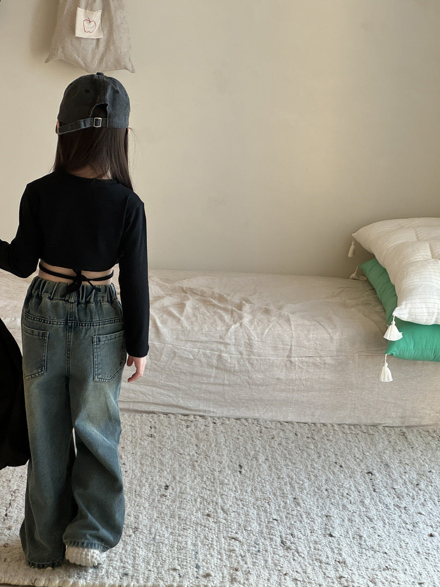 [5071076] - Bawahan Celana Panjang Kulot Jeans Sobek Fashion Anak Perempuan Cewek - Motif Retro Denim - BABYHOKI STORE