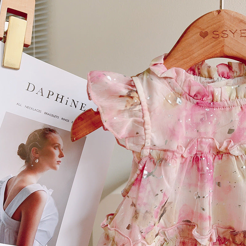 [363874] - Gaun Bunga Pink Baju Dress Ruffle Lengan Kutung Fashion Anak Perempuan Cewek - Motif Pink Floral Ruffle